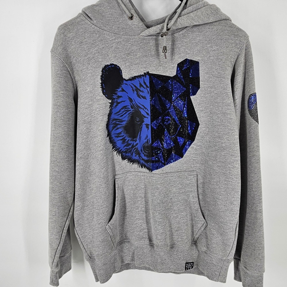 DENIMICITY Grey Panda Bear Sequin Hoodie Sweatshirt Size S